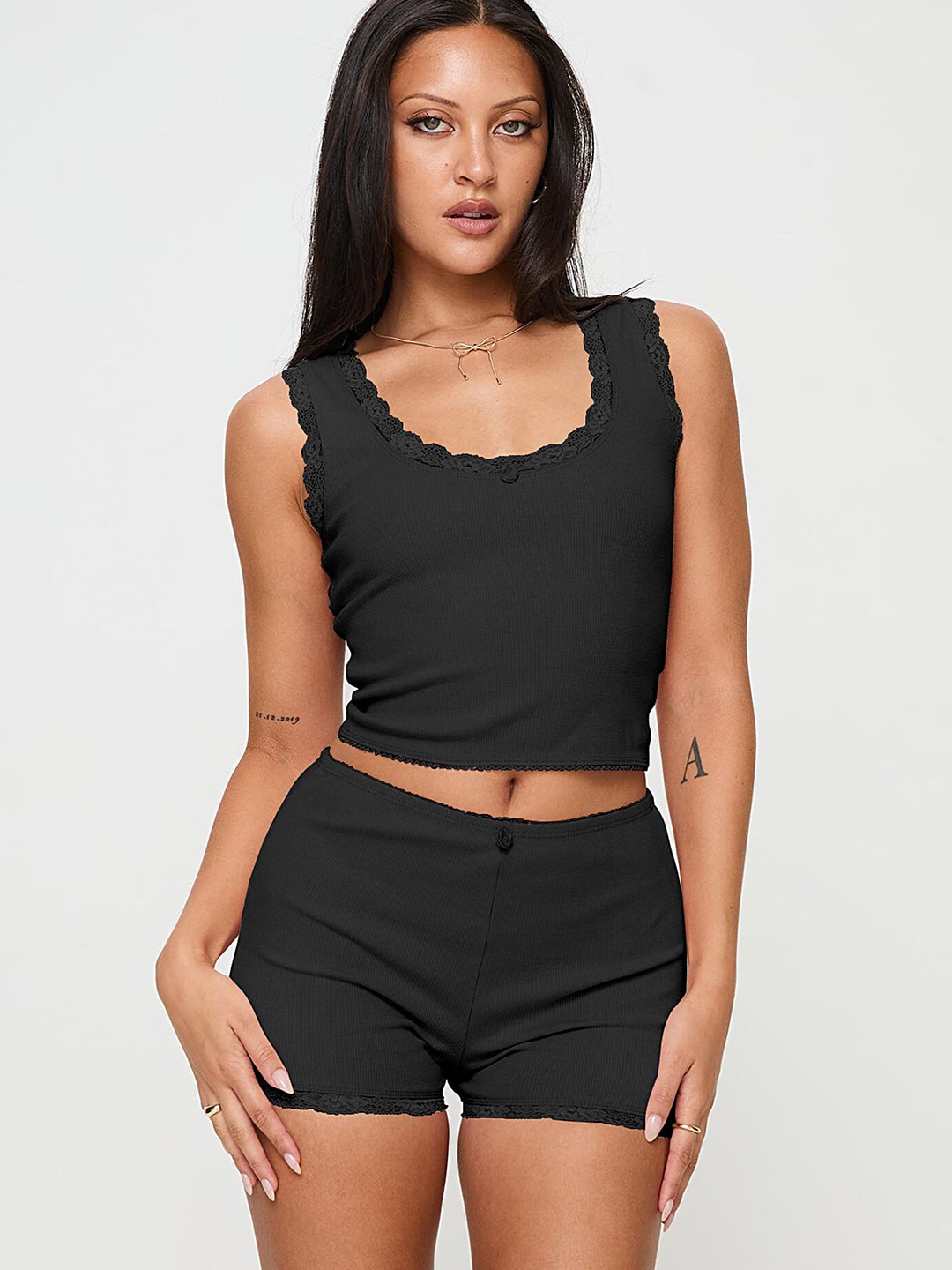 

LULU & SKY Sleeveless Lace Top & Shorts, Black