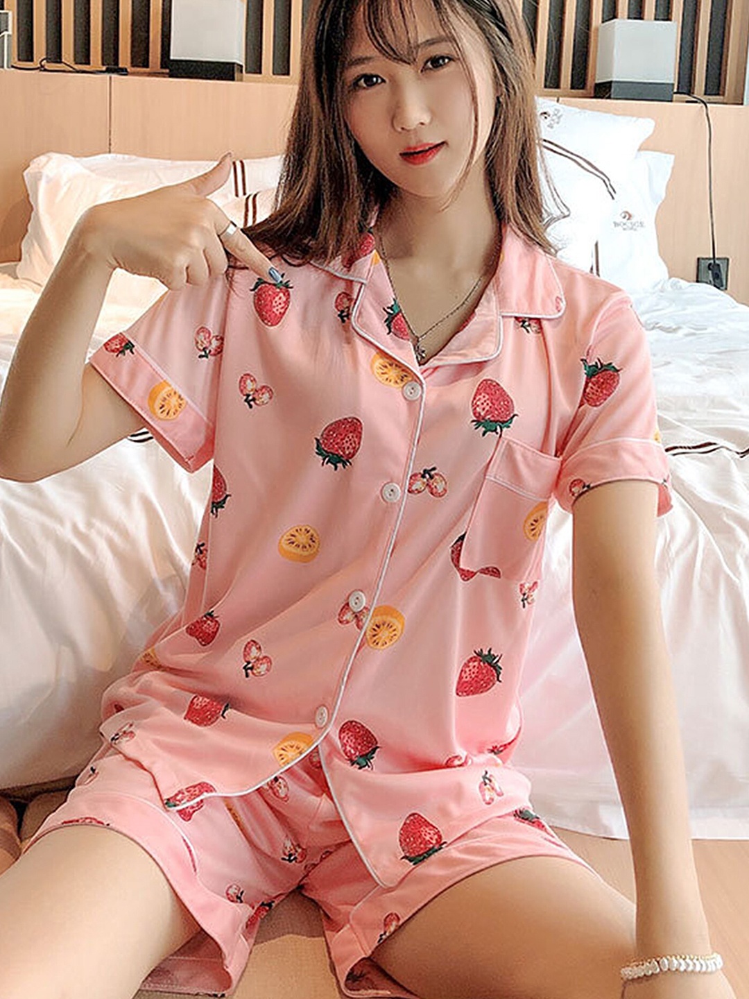 

LULU & SKY Strawberry Printed Shirt & Shorts, Pink