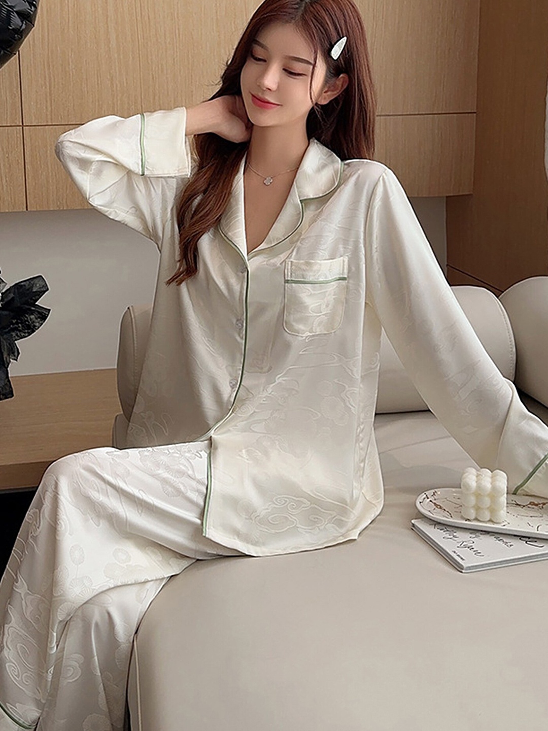 

LULU & SKY Floral Printed Lapel Collar Collar Shirt & Pyjamas, White