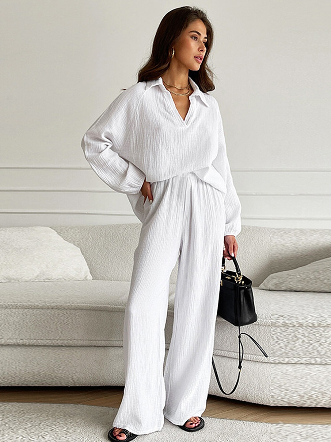 

LULU & SKY Shirt Collar Pure Cotton Top With Trousers, White