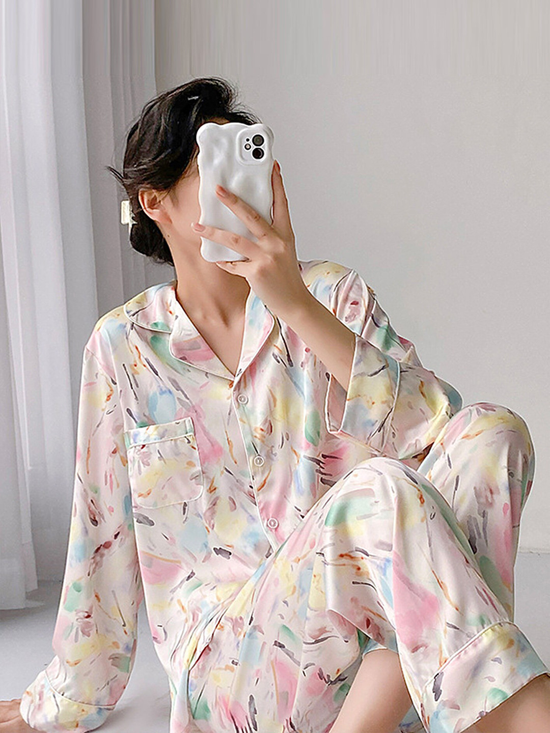 

LULU & SKY Floral Printed Lapel Collar Collar Shirt & Pyjamas, White