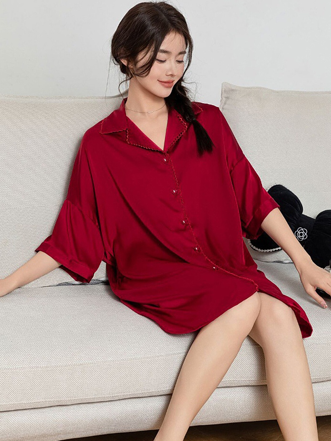 

LULU & SKY Lapel Collar Shirt Nightdress, Burgundy