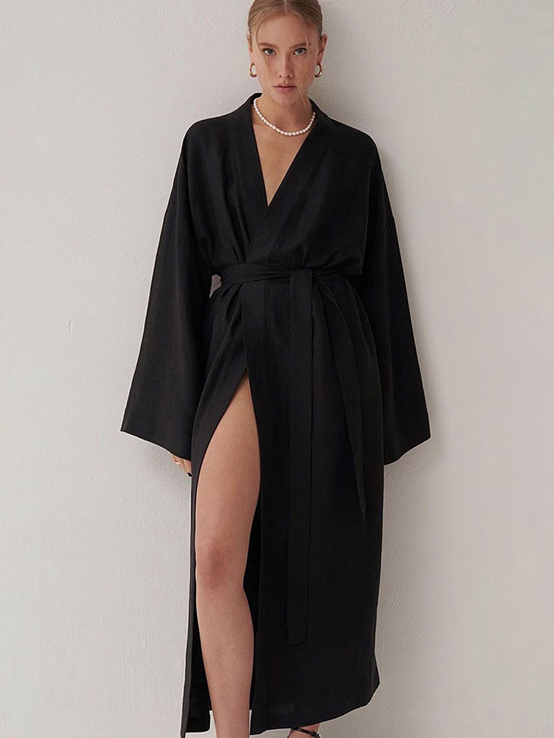 

LULU & SKY Tie-waist Belt Pure Cotton Lounge Robe, Black