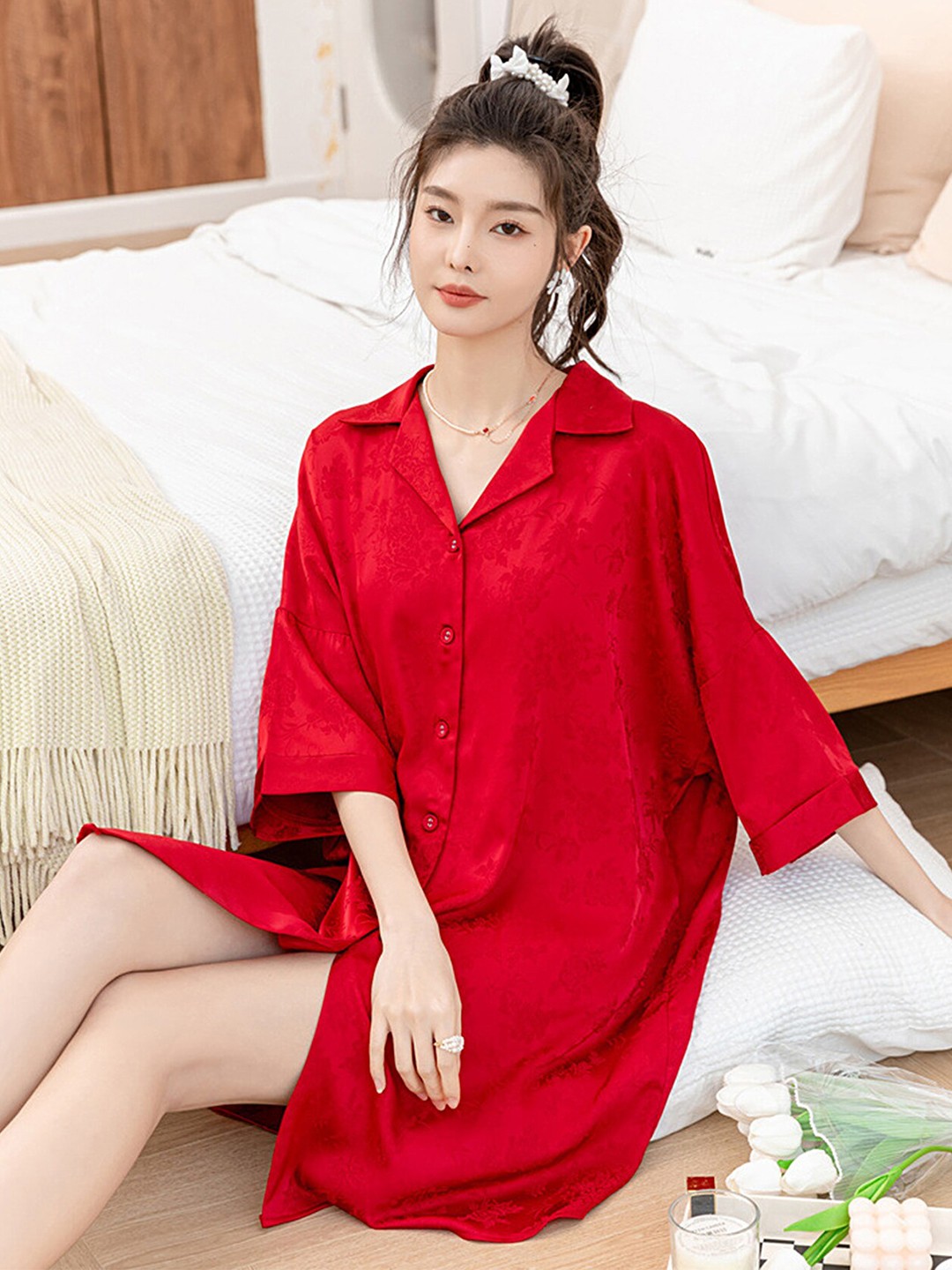 

LULU & SKY Lapel Collar Shirt Nightdress, Red