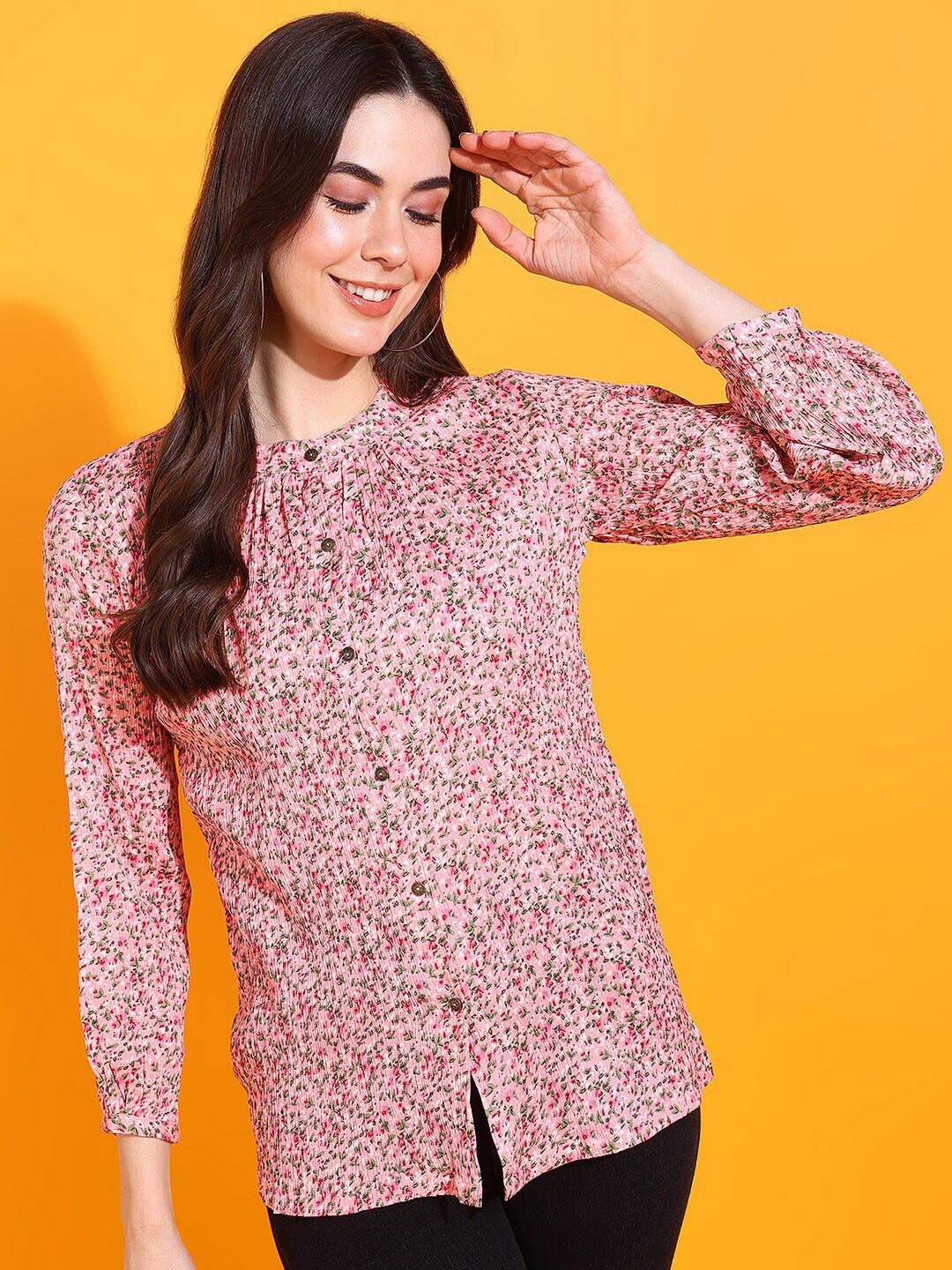 

Rudraaksha Creations Abstract Printed Semi Sheer Classic Casual Shirt, Pink