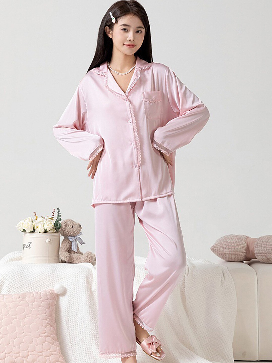 

LULU & SKY Lapel Collar Laced Shirt With Pyjamas, Pink