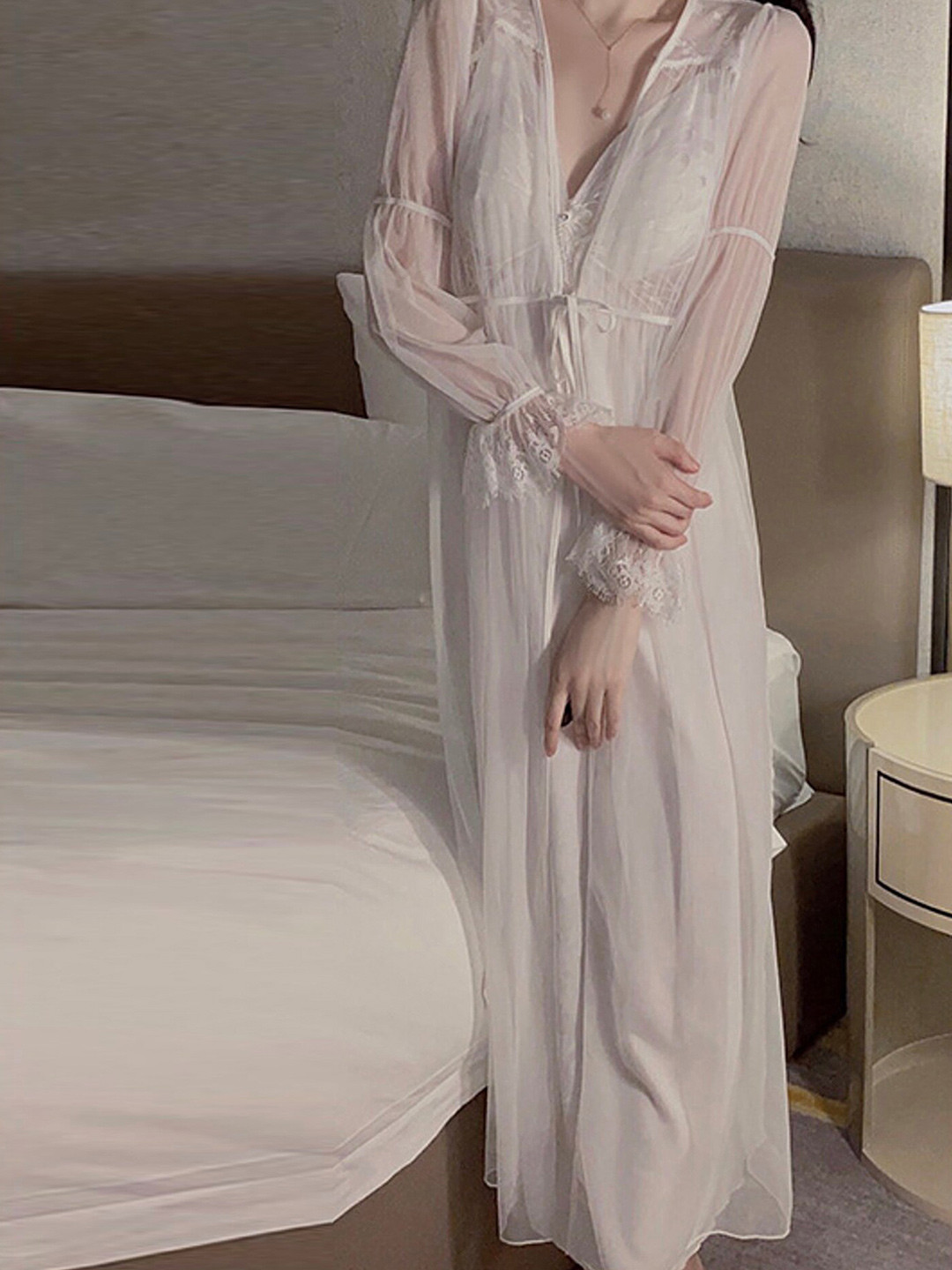 

LULU & SKY Lace V-Neck Long Sleeves Maxi Wrap Nightdress, White