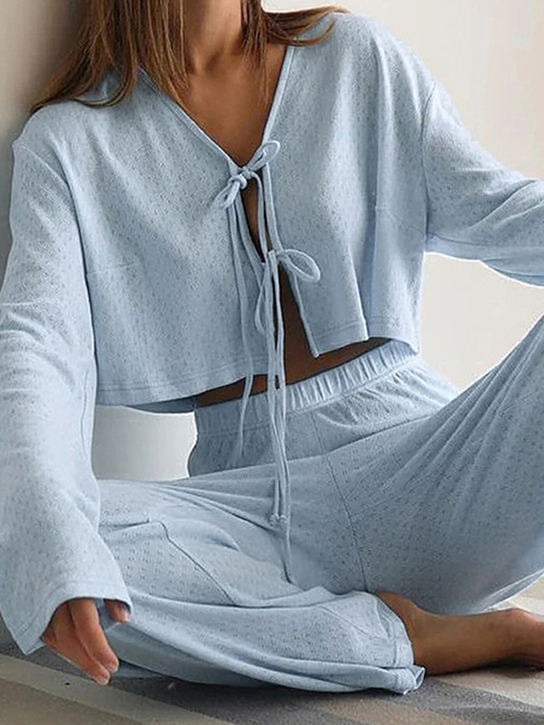 

LULU & SKY Night Wear Tie Up Front Top & Pyjama Set, Blue