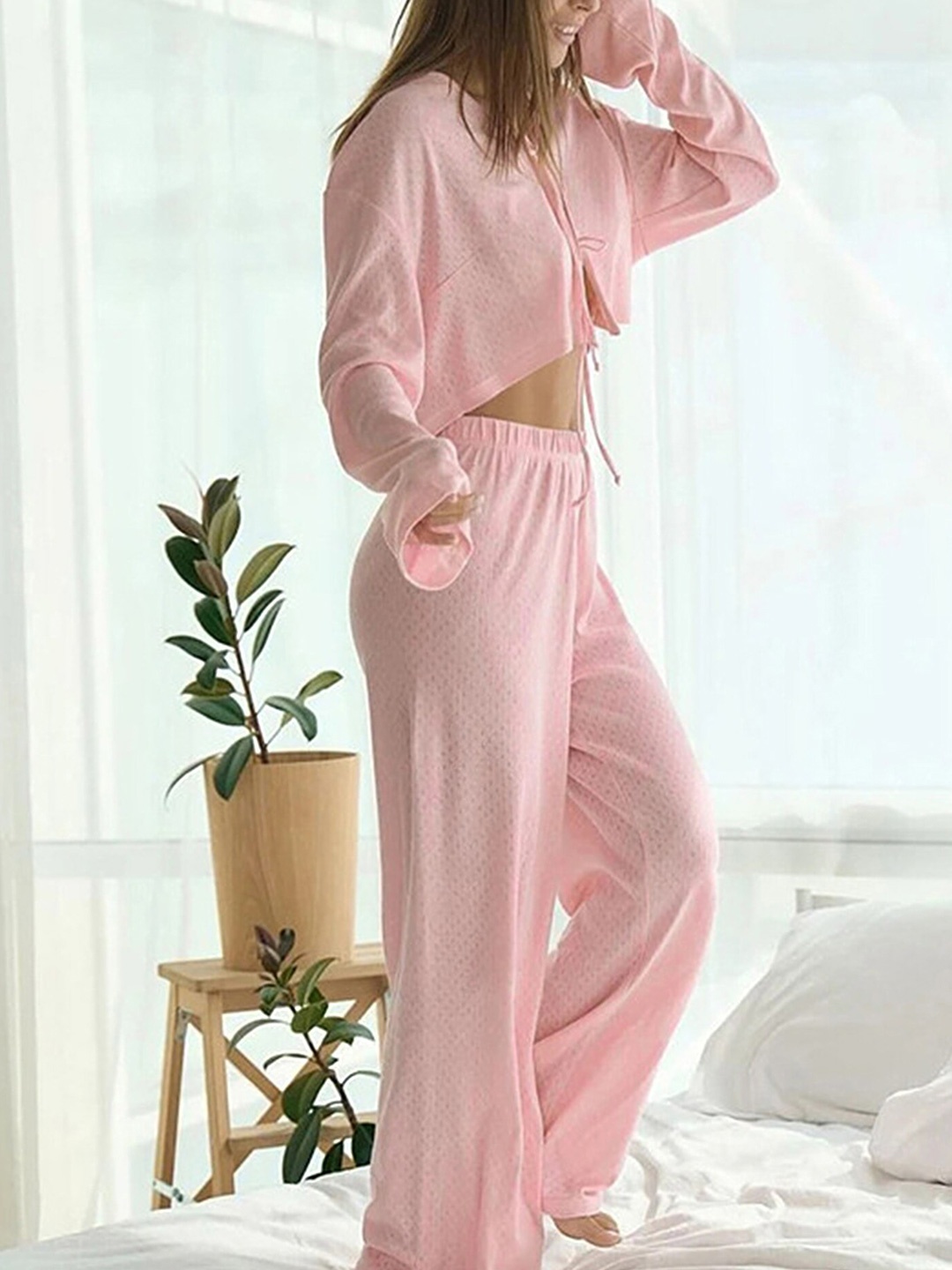 

LULU & SKY Tie-Up Detail Pure Cotton Top & Pyjama Night Suit Set, Pink