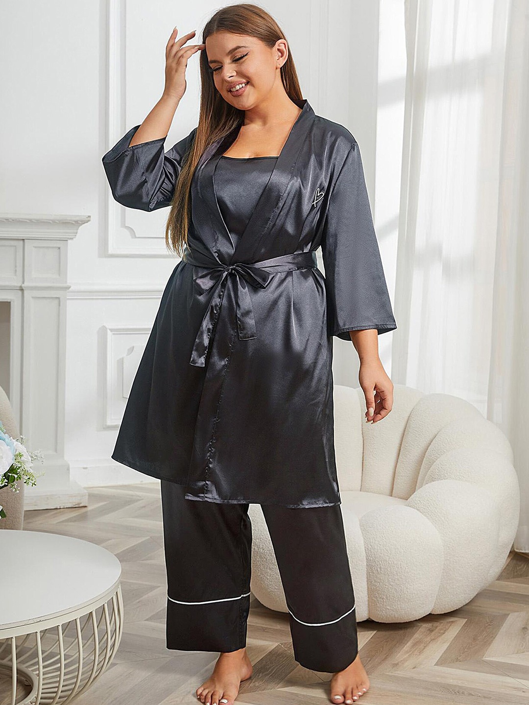 

LULU & SKY Shoulder Straps Three Piece Night Suit Set, Black