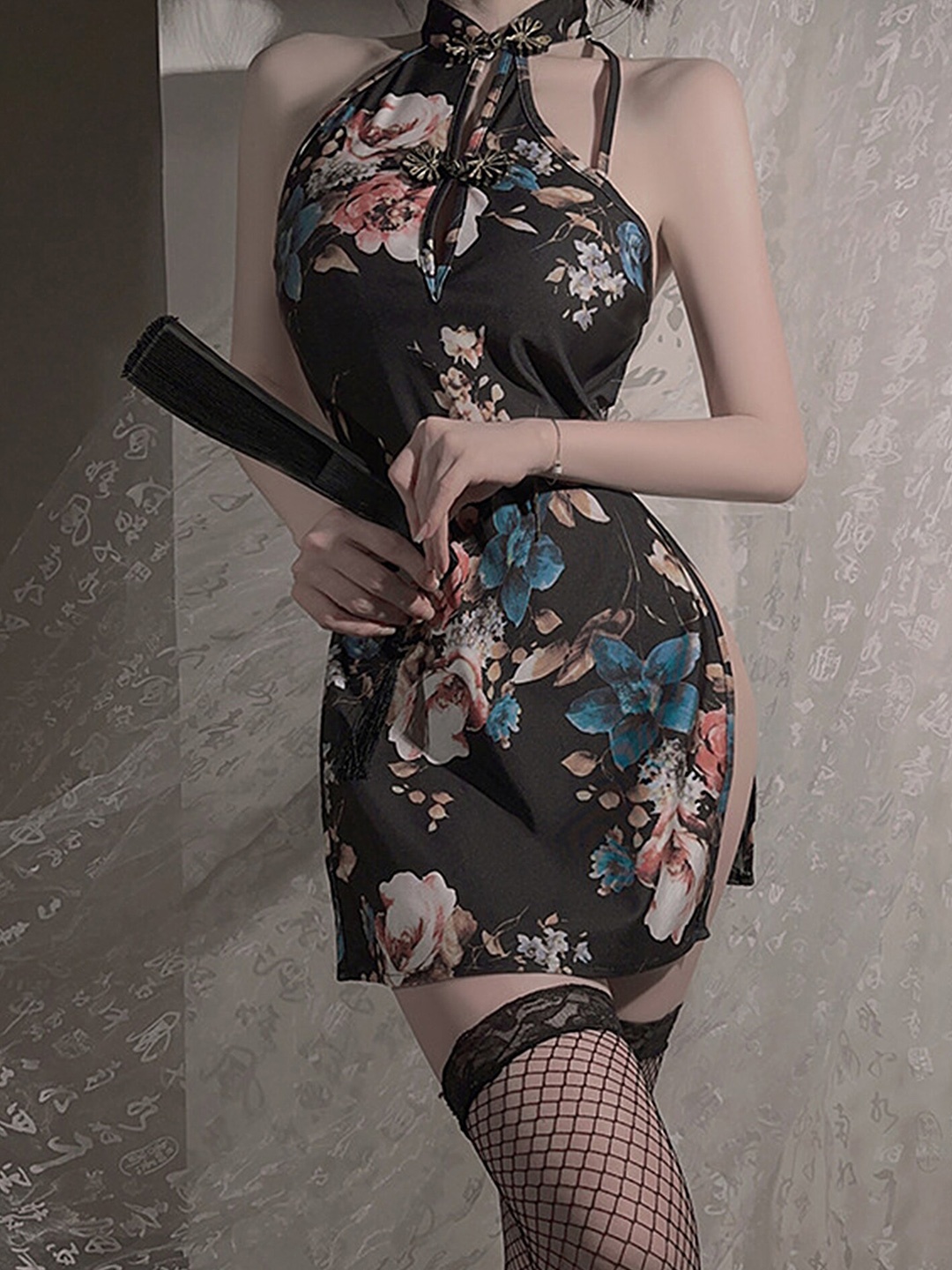 

LULU & SKY Floral Printed Halter Neck Baby Doll With Brief, Black