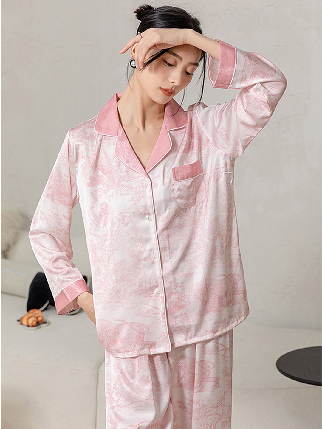 

LULU & SKY Printed Lapel Collar Shirt & Pyjama Night Suit Set, Pink
