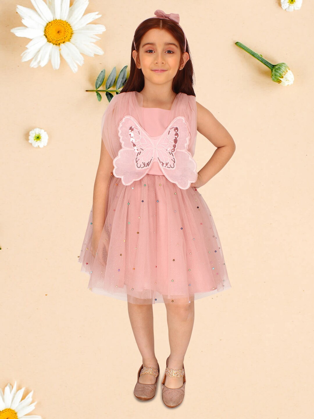 

CUTECUMBER Girls Self Design Embellished Sequined Sleeveless Net Fit & Flare Dress, Peach