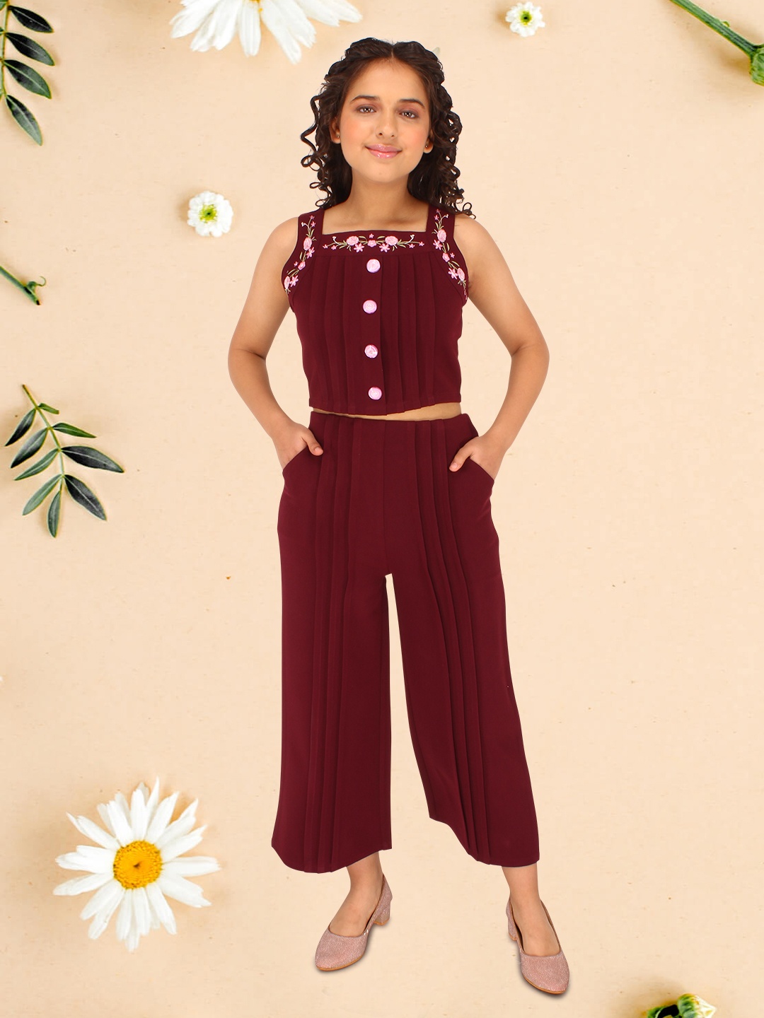 

CUTECUMBER Girls Square Neck Sleeveless Top with Trousers, Maroon