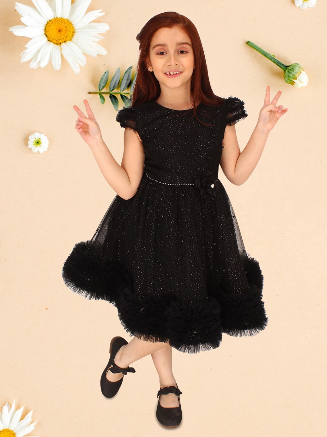 

CUTECUMBER Girls Self Design Embellished Round Neck Cap Sleeve Fit & Flare Dress, Black