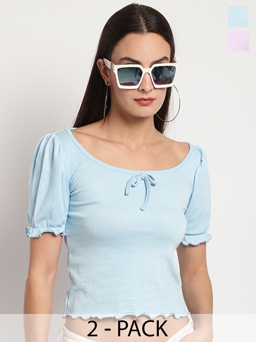 

Miaz Lifestyle Pack of 2 Puff Sleeves Cotton Top, Blue