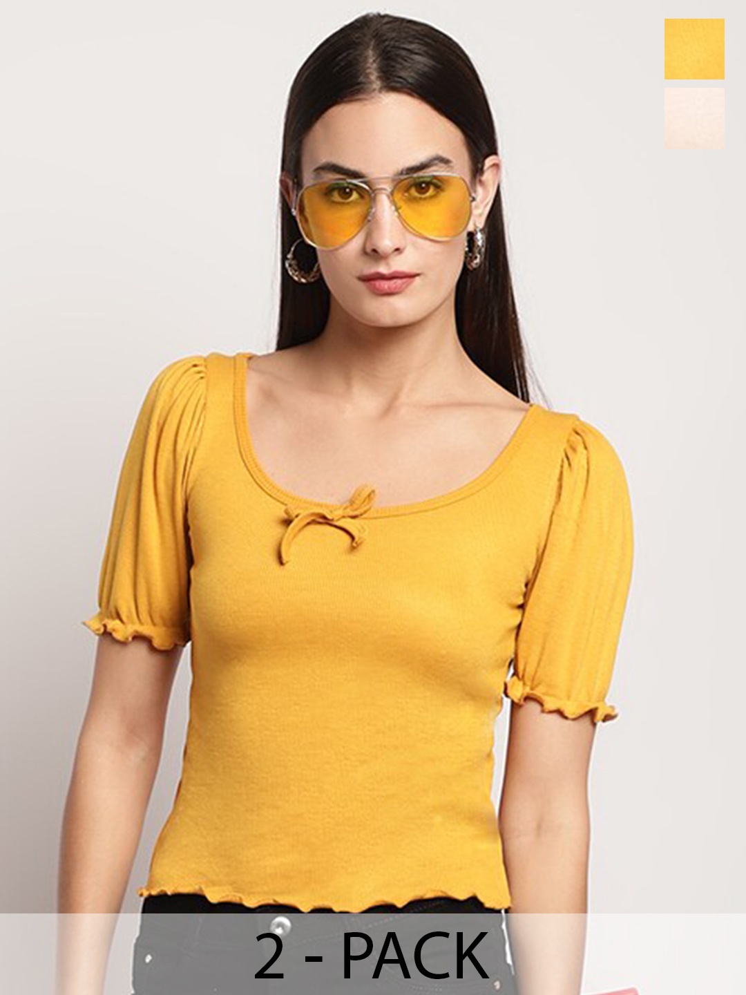 

Miaz Lifestyle Pack of 2 Puff Sleeves Cotton Top, Yellow