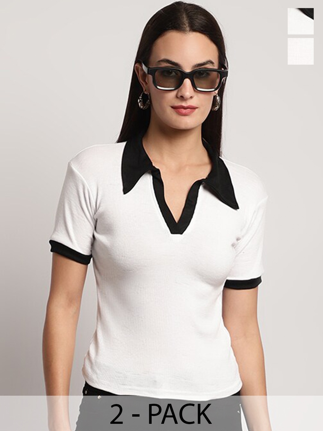 

Miaz Lifestyle Pack Of 2 Shirt Collar Cotton Crop Fitted Top, White