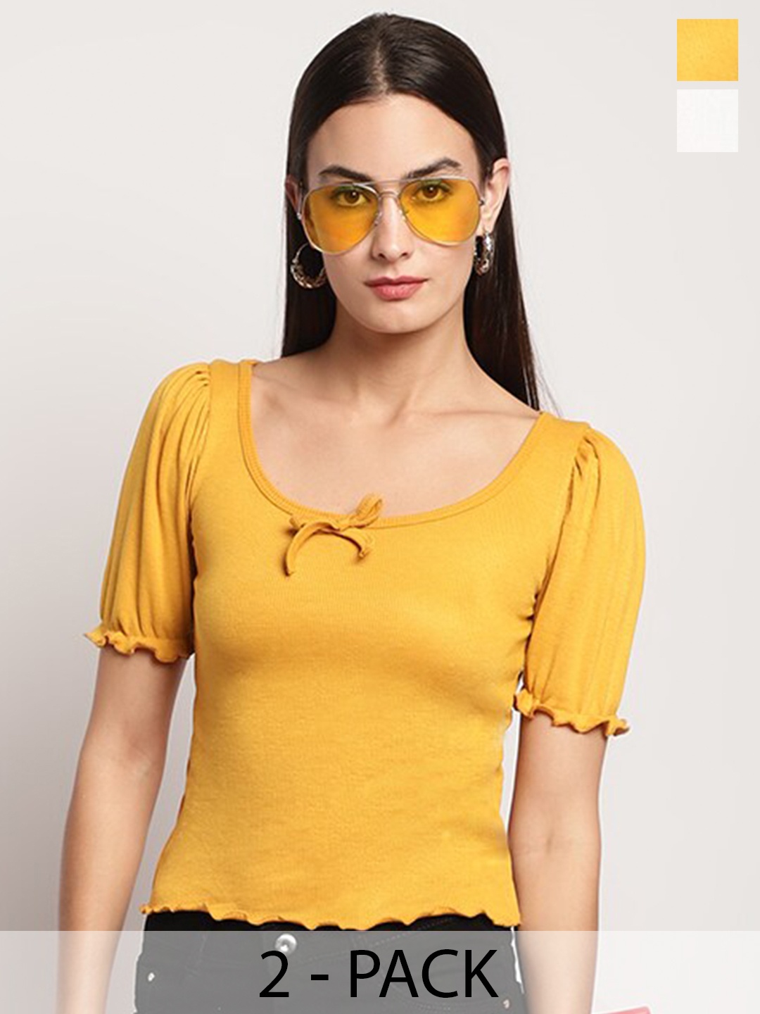 

Miaz Lifestyle Pack Of 2 Boat Neck Cotton Crop Top, Yellow