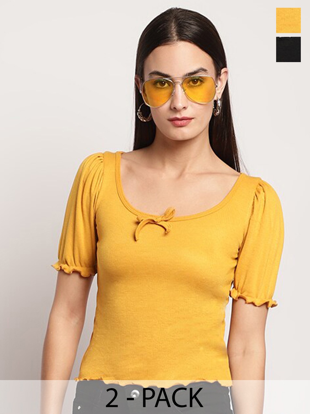 

Miaz Lifestyle Pack Of 2 Round Neck Cotton Crop Top, Yellow