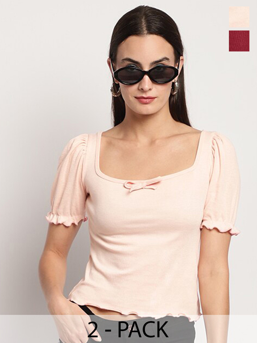 

Miaz Lifestyle Pack Of 2 Square Neck Cotton Crop Top, Peach
