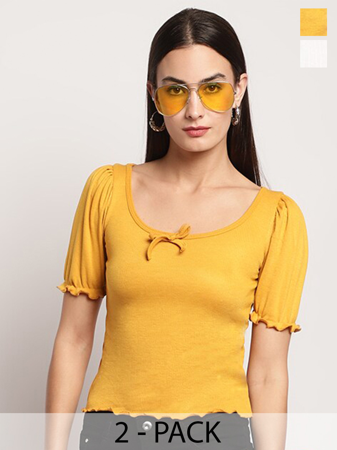 

Miaz Lifestyle Pack Of 2 Round Neck Cotton Crop Top, Yellow