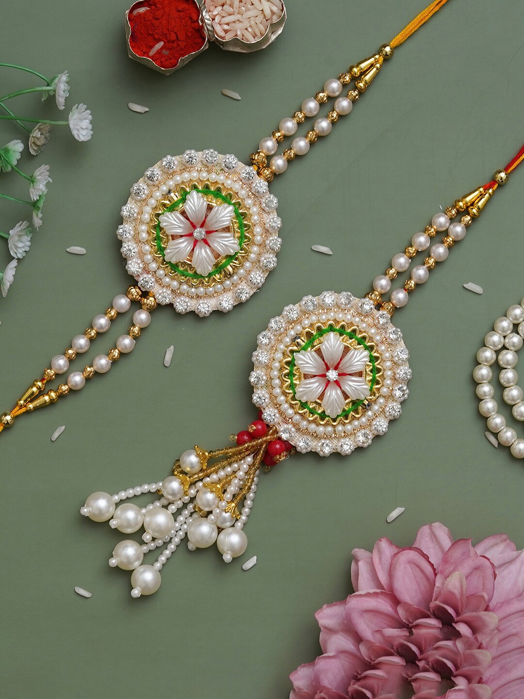 

eCraftIndia Set of 2 Floral Design Bhaiya Bhabhi Multistrand Rakhis with Roli Chawal, White