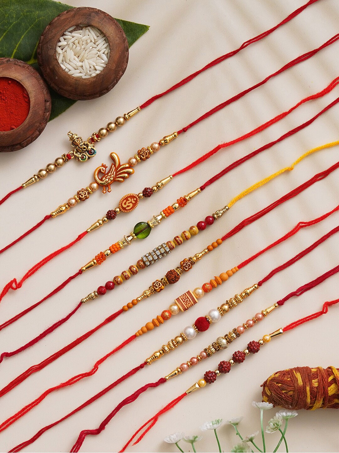 

eCraftIndia Set of 10 Beaded Rakhis with Roli Chawal, Gold