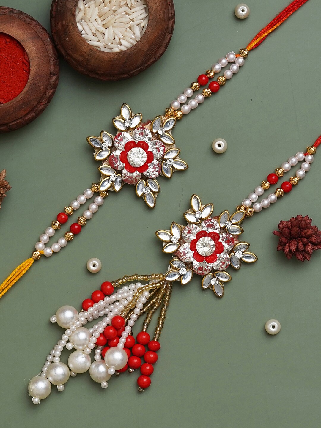 

eCraftIndia Set Of 2 Artificial Stones Studded & Beaded Floral Rakhis With Roli & Chawal, White