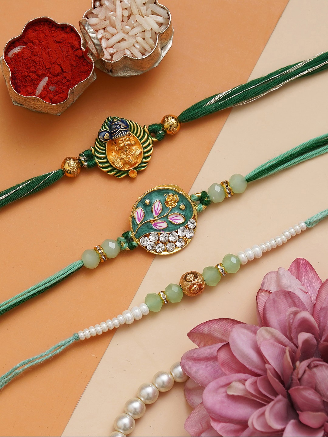 

eCraftIndia Set of 3 Floral & Lord Krishna Rakhi with Roli Chawal, Green