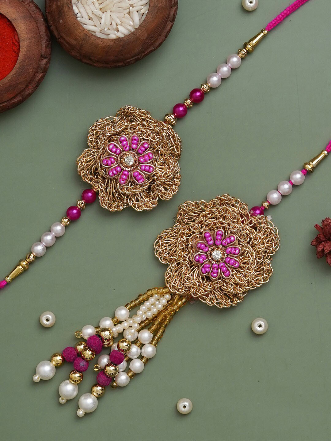 

eCraftIndia Set of 2 Floral Designer Rakhis With Roli Chawal, Gold