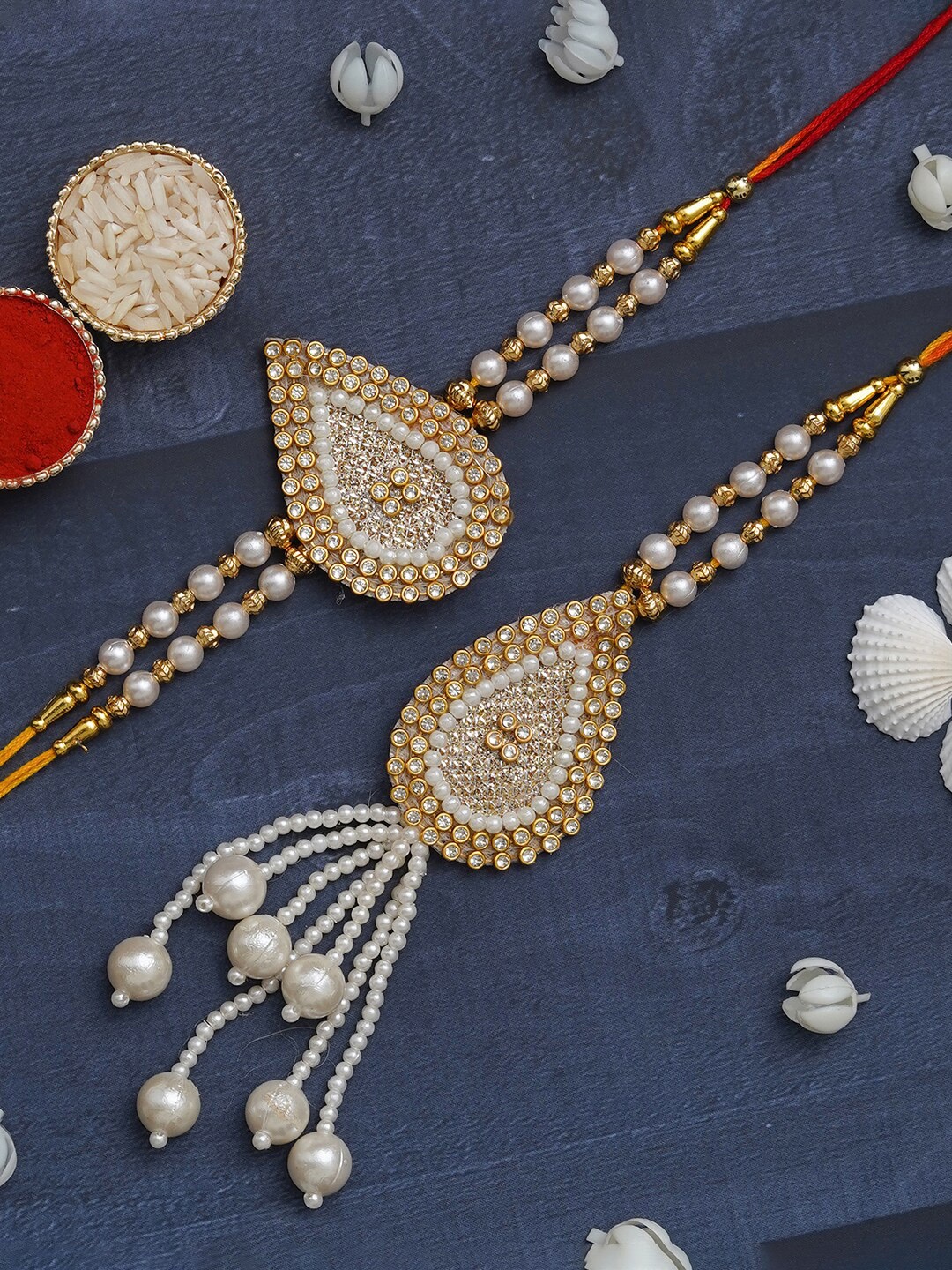 

eCraftIndia Set of 2 Embellished Bhaiya Bhabhi Rakhis With Roli Chawal, Gold