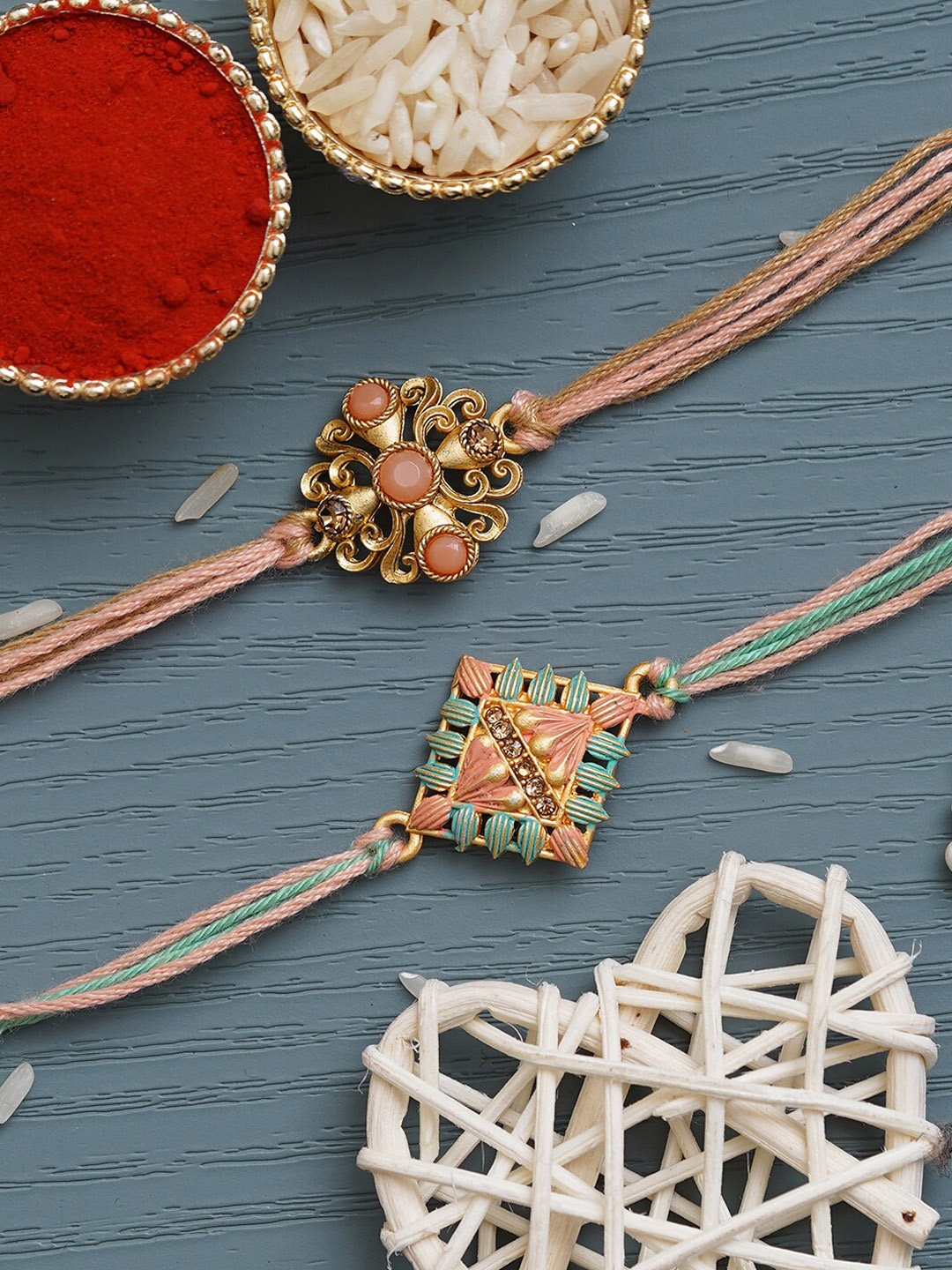 

eCraftIndia Set of 2 Embellished Rakhis with Roli Chawal, Peach