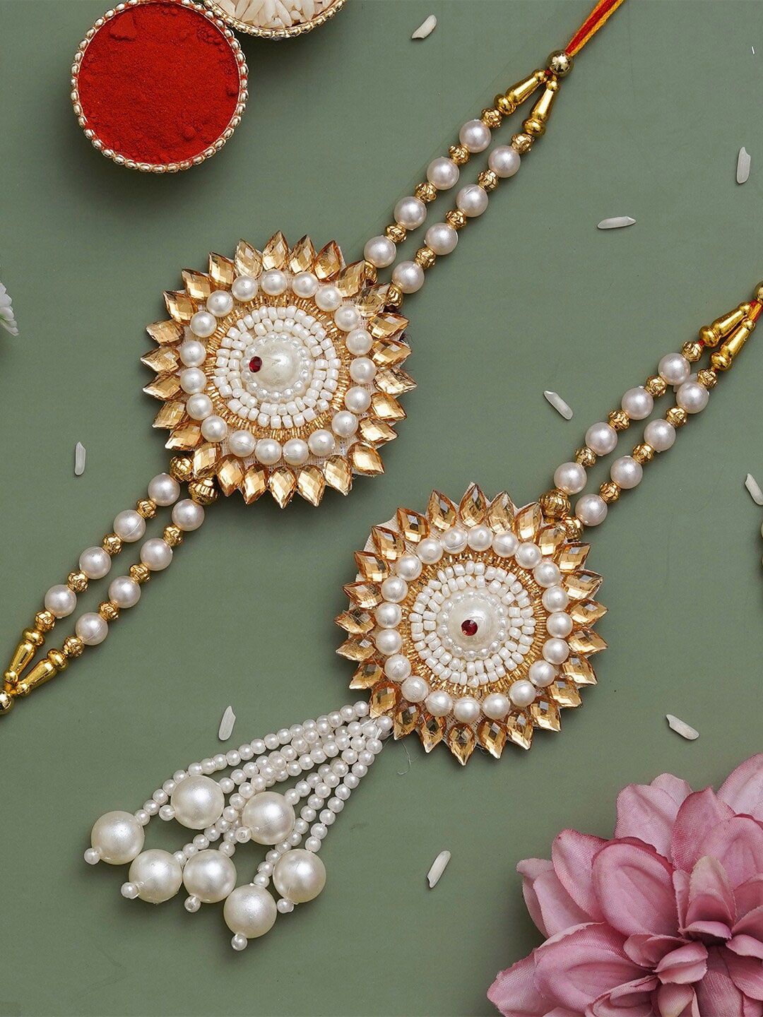 

eCraftIndia Set Of 2 Beaded Bhaiya Bhabhi Rakhi With Roli Chawal, Gold