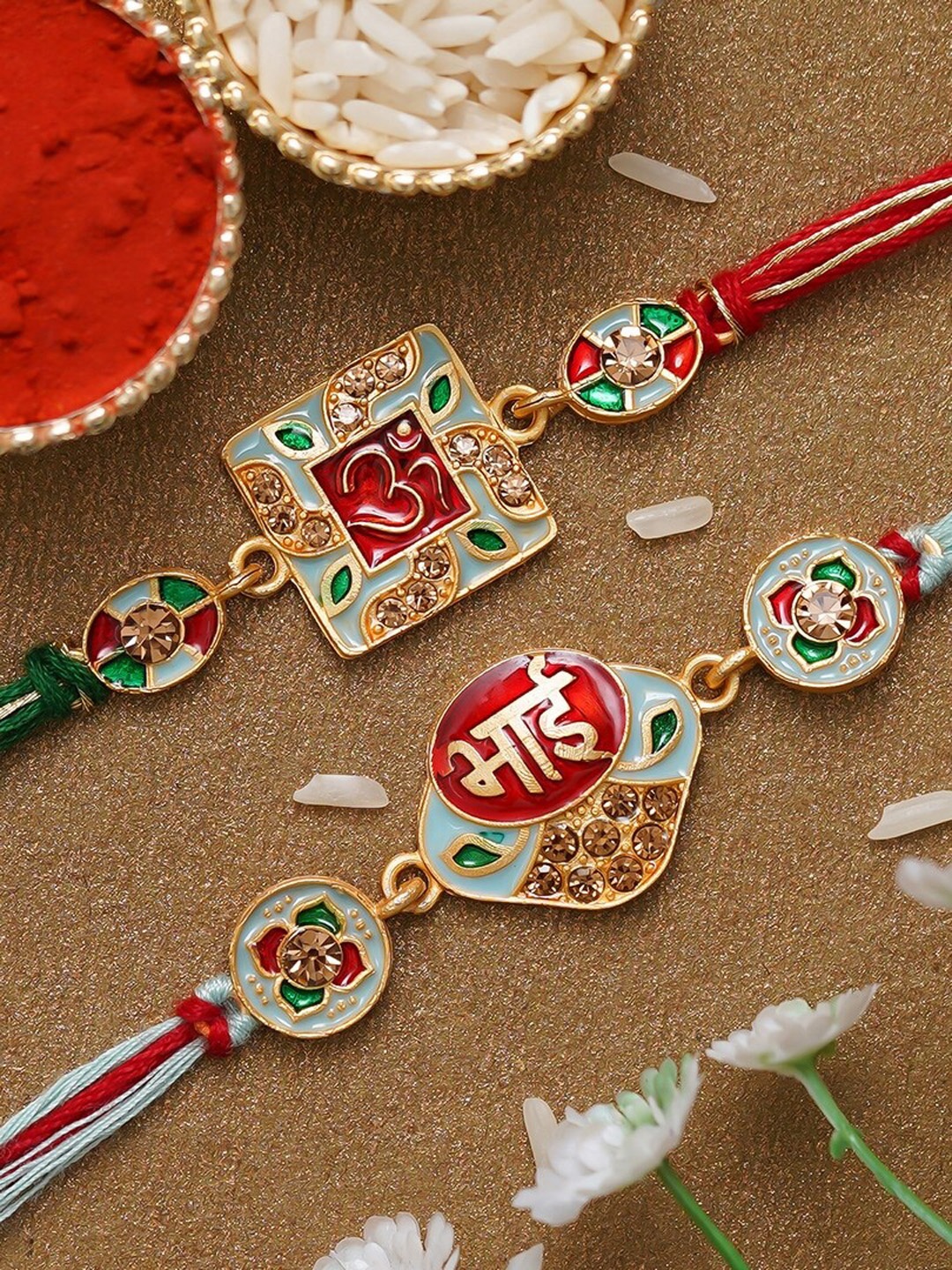 

eCraftIndia Set of 2 Designer Embellished Rakhis With Roli Chawal, Gold
