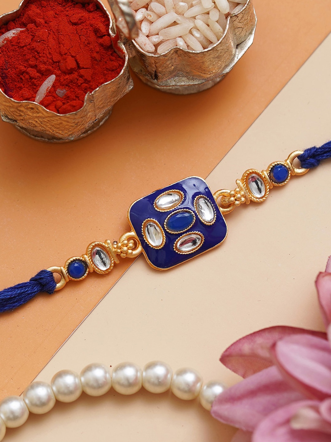 

eCraftIndia Stones Studded Rakhi with Roli Chawal, Gold