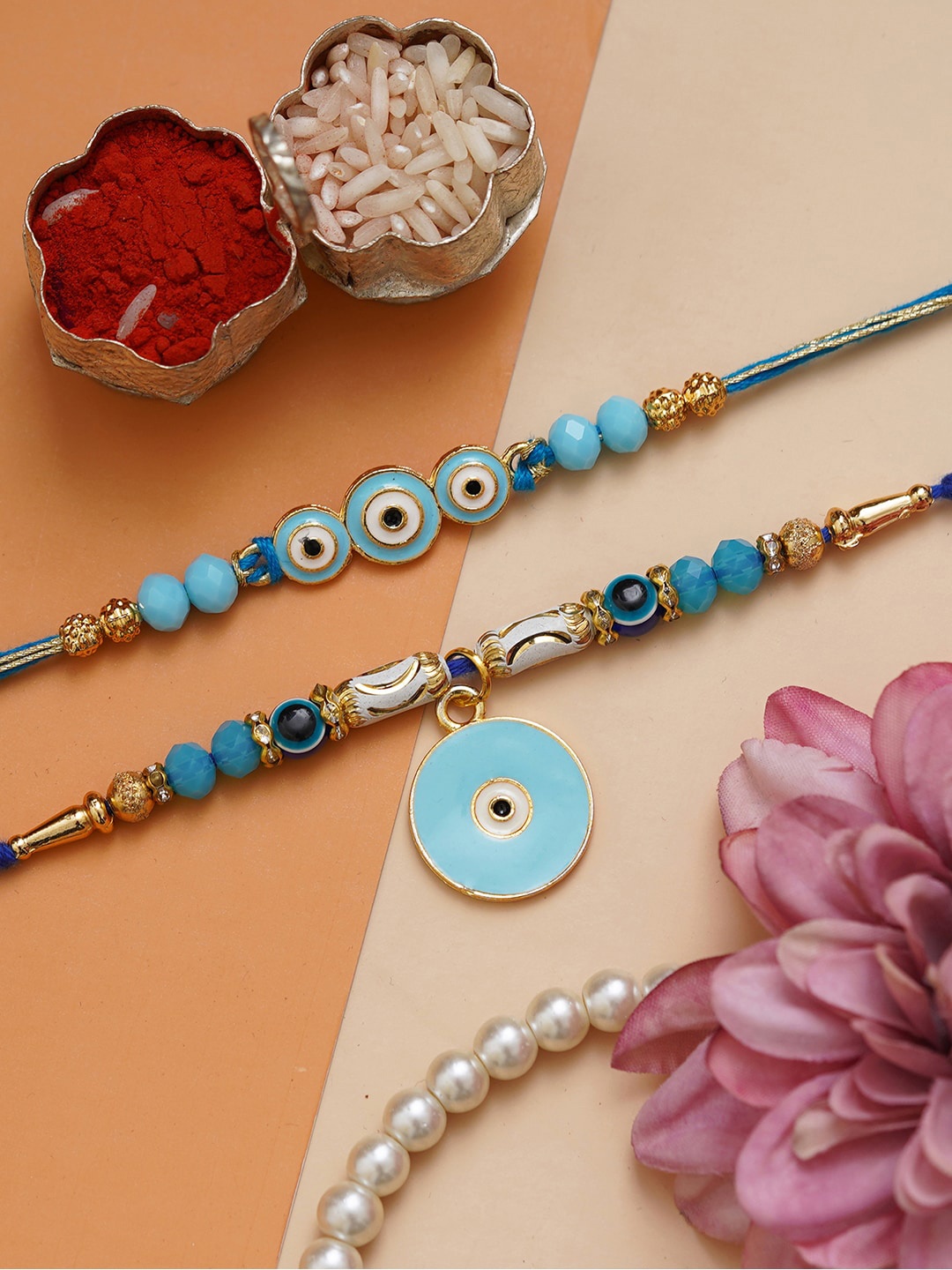

eCraftIndia Set of 2 Evil Eye Rakhis with Roli Chawal, Gold