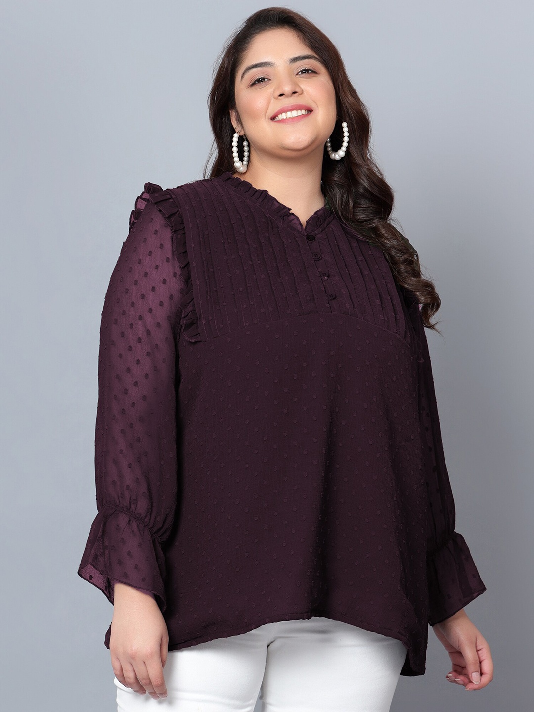 

Indietoga Plus Size Self Design Bell Sleeve Georgette Top, Purple