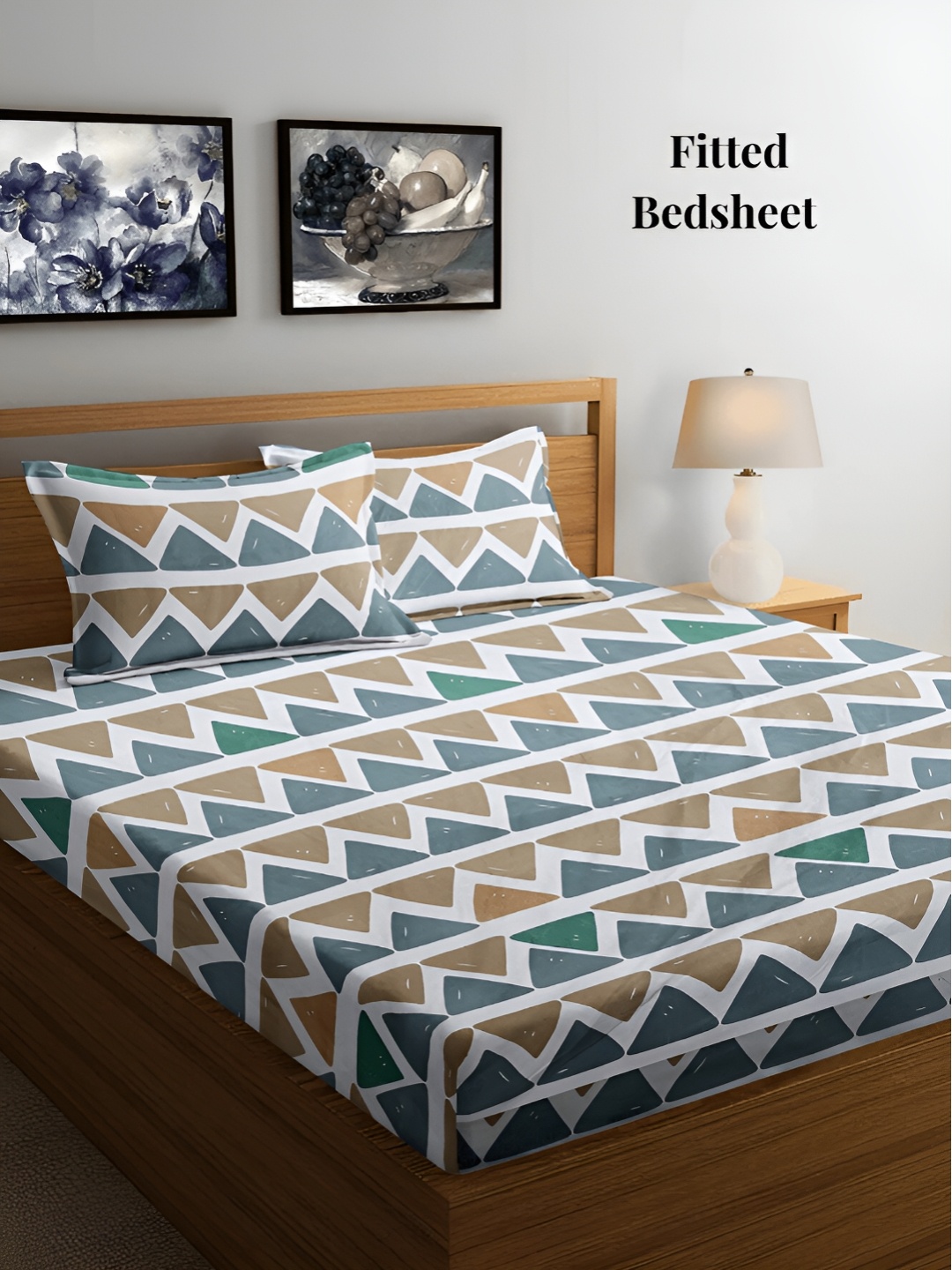 

Arrabi White & Blue Geometric 300 TC Fitted King Bedsheet with 2 Pillow Covers