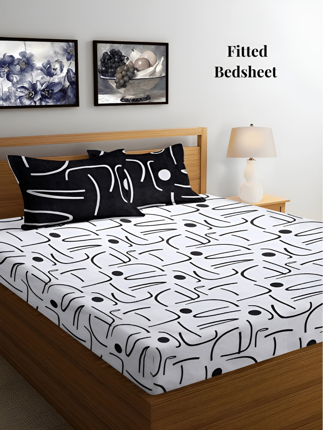 

Arrabi White & Grey Geometric 300 TC Fitted King Bedsheet with 2 Pillow Covers
