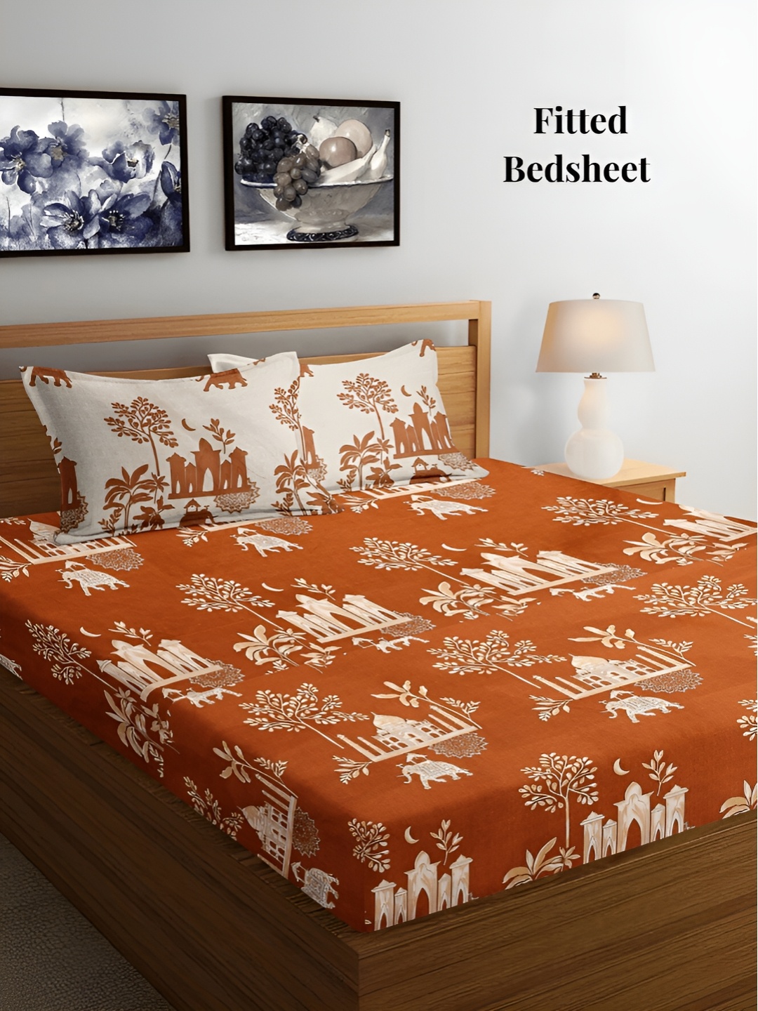 

Arrabi Brown & White Floral 300 TC Fitted King Bedsheet with 2 Pillow Covers