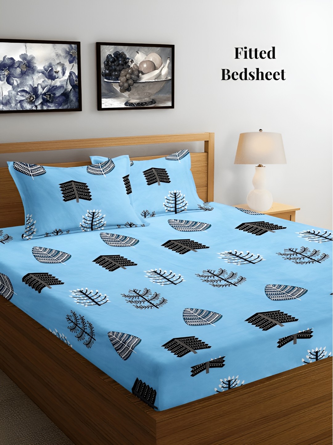 

Arrabi Blue & Black Floral 300 TC Fitted King Bedsheet with 2 Pillow Covers