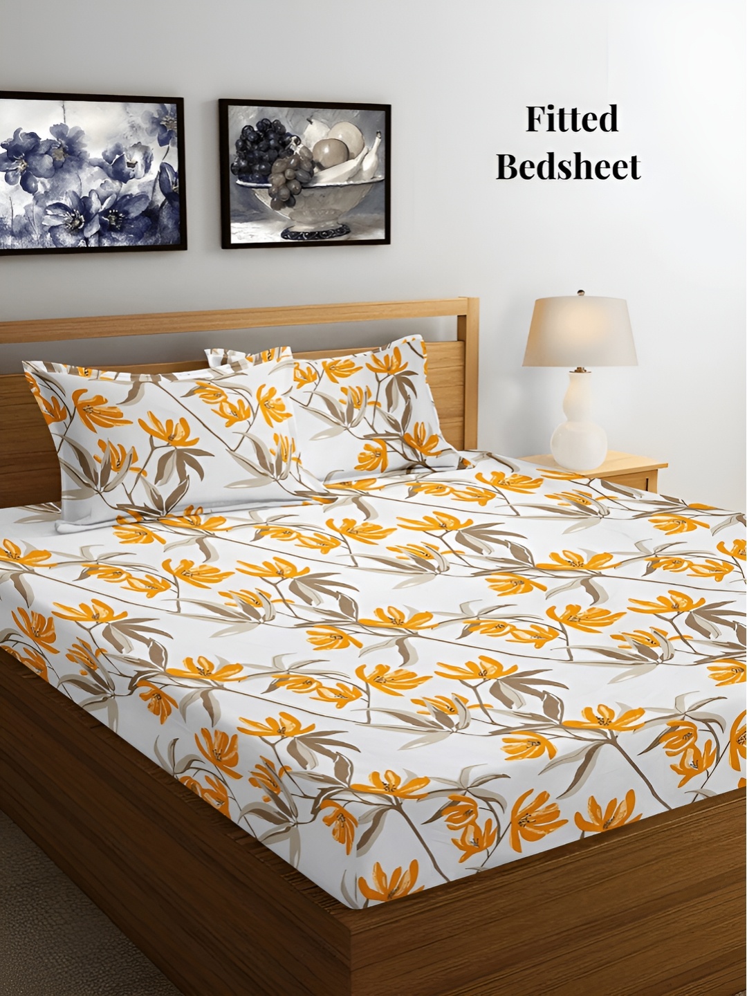 

Arrabi White & Orange Floral 300 TC Fitted King Bedsheet with 2 Pillow Covers