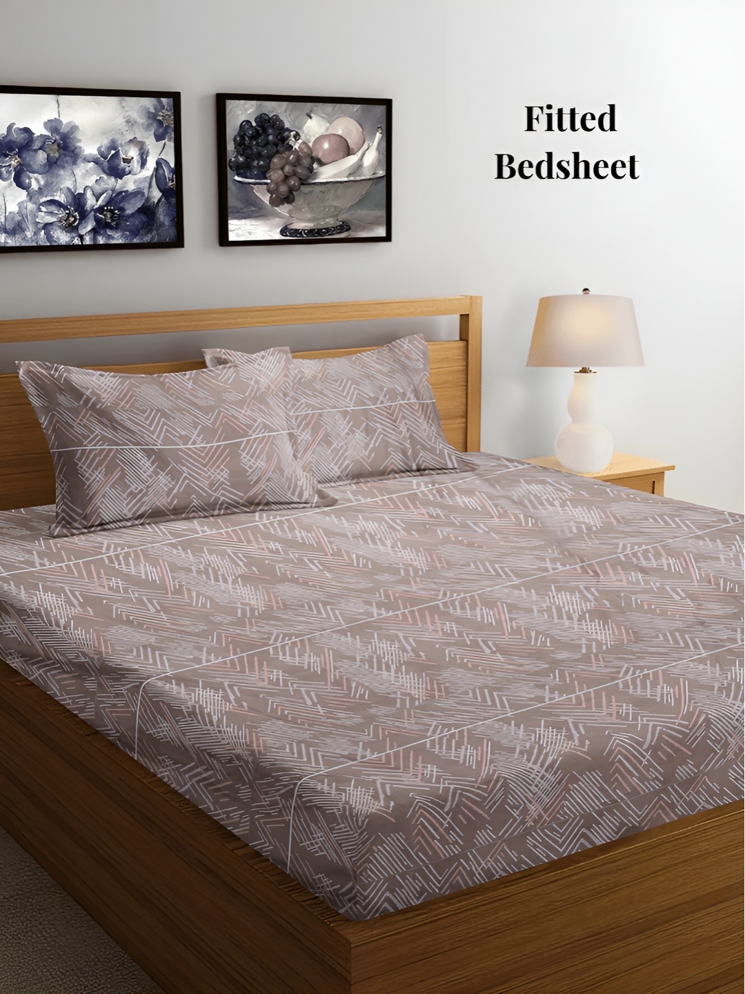 

Arrabi Brown & White Striped 300 TC Fitted King Bedsheet with 2 Pillow Covers