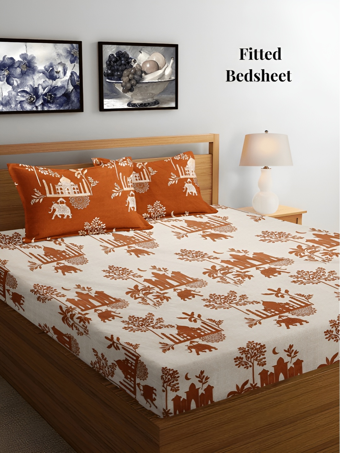 

Arrabi Beige & Rust Floral 300 TC Fitted King Bedsheet with 2 Pillow Covers