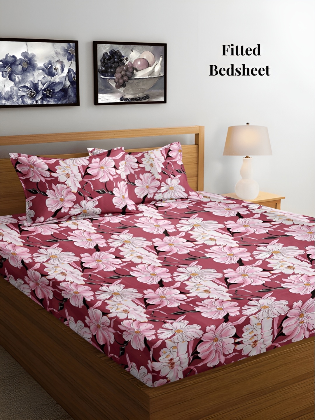 

Arrabi Pink & White Floral 300 TC Fitted King Bedsheet with 2 Pillow Covers
