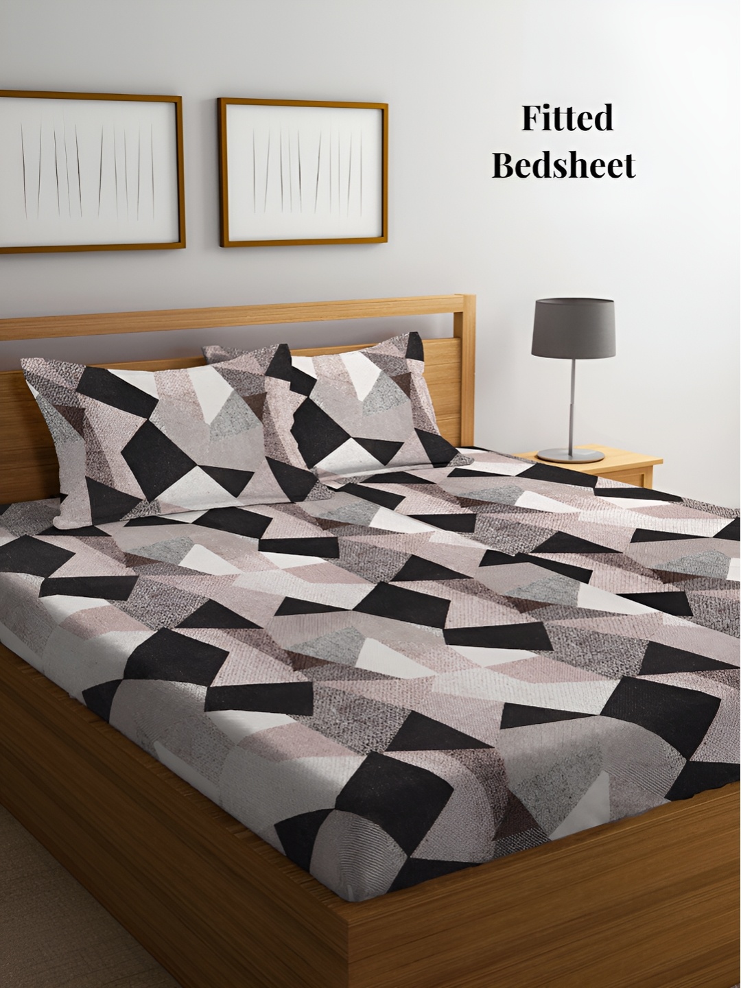 

Arrabi Brown & Black Geometric 300 TC Fitted King Bedsheet with 2 Pillow Covers