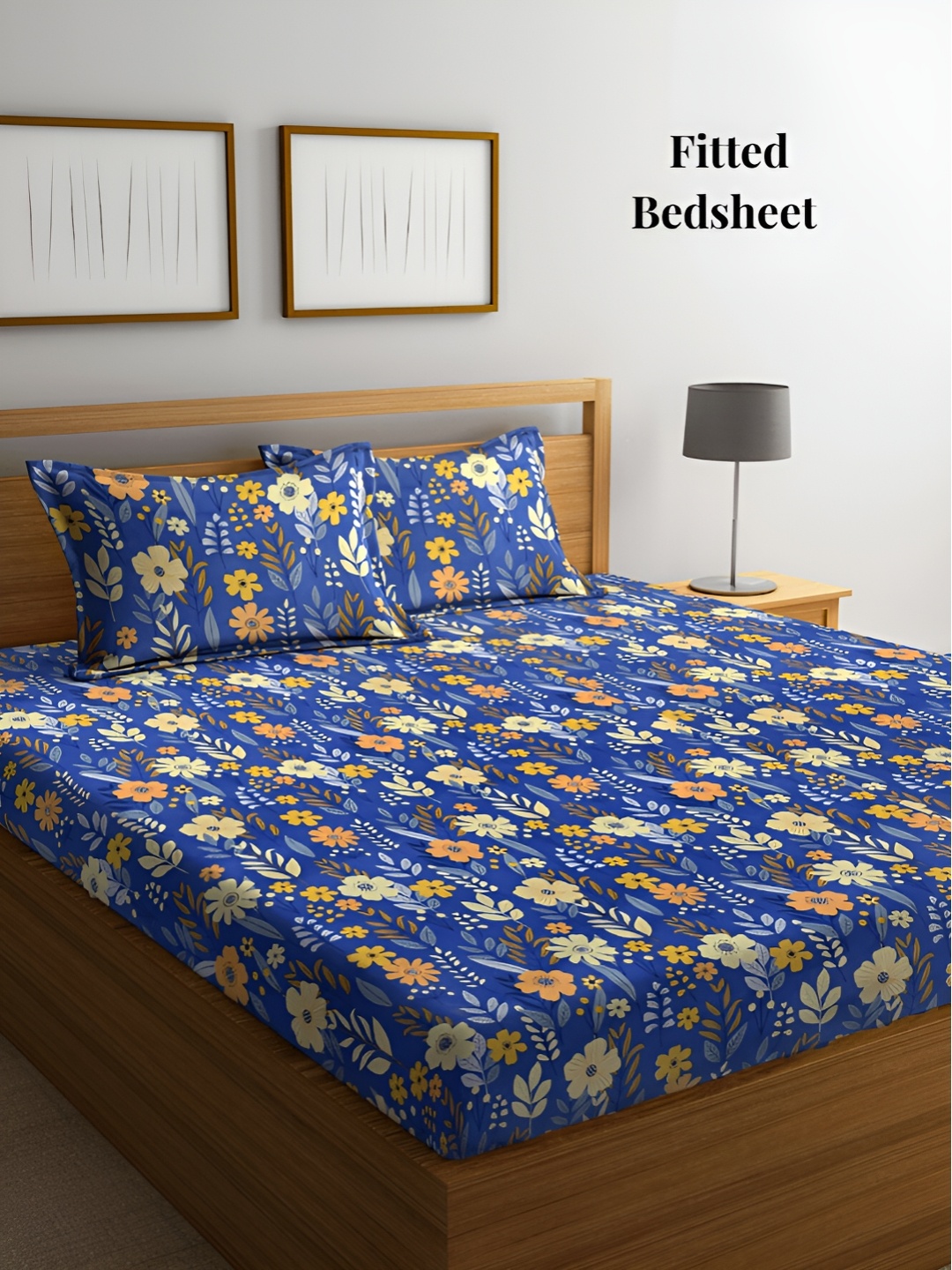 

Arrabi Blue & Orange Floral 300 TC Fitted King Bedsheet with 2 Pillow Covers