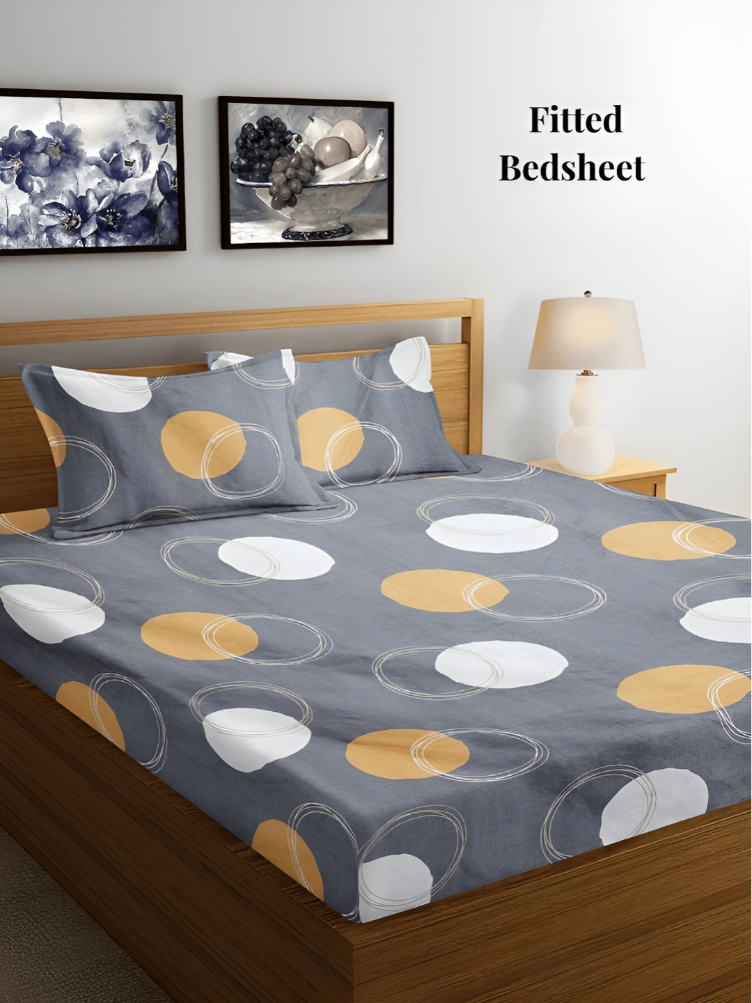 Arrabi Grey & Beige Geometric 300 TC Fitted King Bedsheet with 2 Pillow Covers
