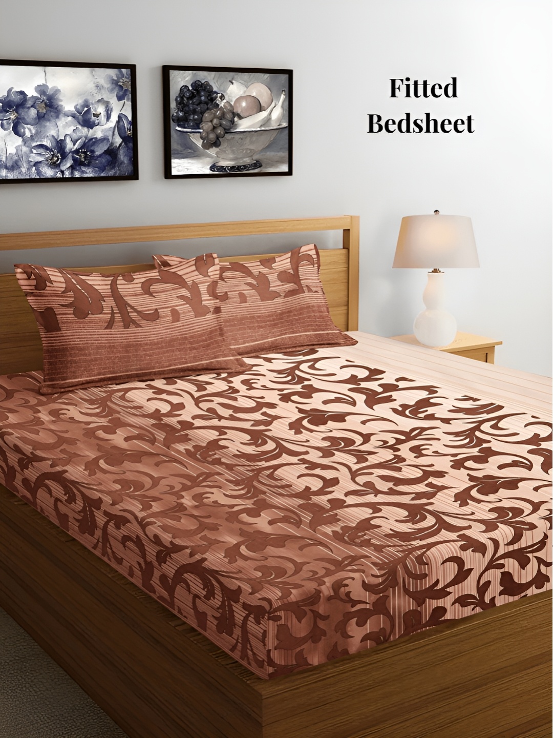

Arrabi Brown & White Floral 300 TC Fitted King Bedsheet with 2 Pillow Covers